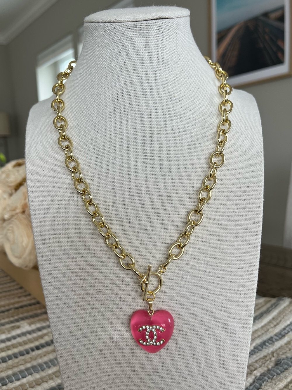 Authentic Upcycled Chanel Bright Pink Resin Heart Crystal CC on 14k GP Necklace